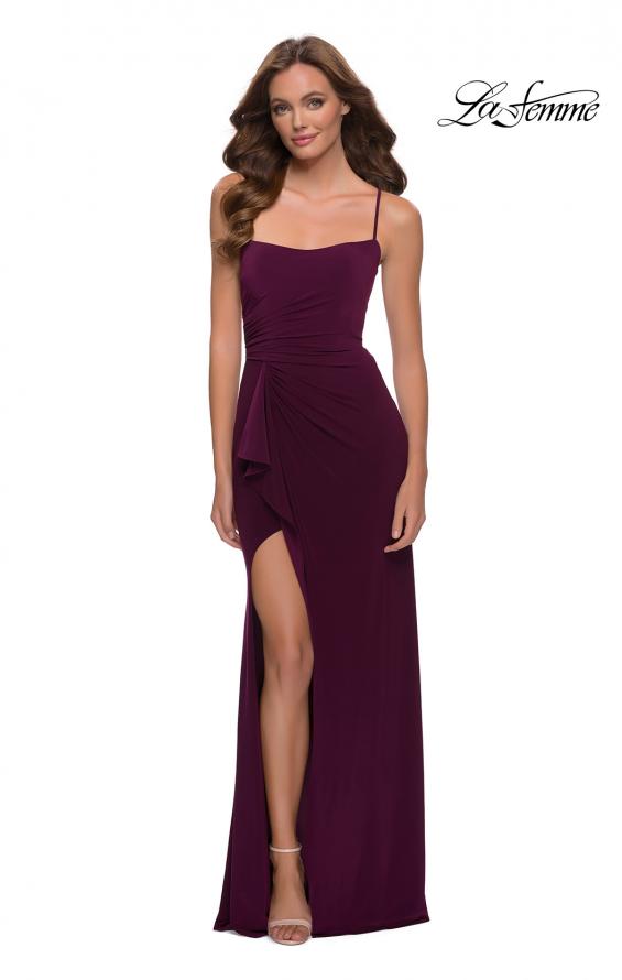 Picture of: Modern Jersey Dress with Ruffle Detail on Skirt in Dark Berry, Style 29735, Detail Picture 2