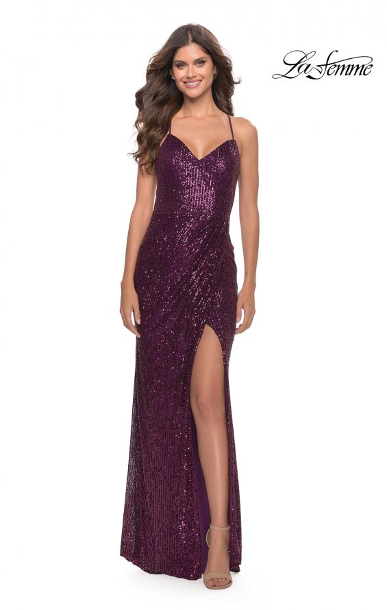 Picture of: Long Sequin Prom Dress with Open Lace Up Back in Dark Berry, Style: 30290, Detail Picture 2