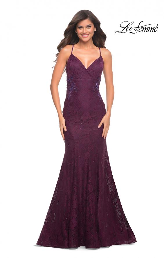 Picture of: Lace Gown with Sheer Lace Applique Side Panels in Purple, Style: 30537, Detail Picture 2