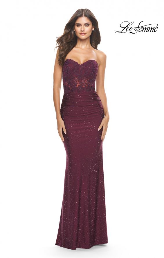 Picture of: Sweetheart Strapless Jersey Gown with Lace Sheer Bodice in Dark Berry, Style: 31180, Detail Picture 2