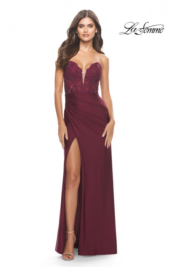 Picture of: Long Dress with Jersey Skirt and Lace Illusion Bodice in Dark Berry, Style: 31182, Detail Picture 2