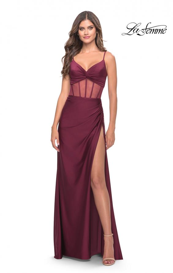 Picture of: Illusion Bodice Dress with Boning and Twist Detail in Dark Berry, Style: 31229, Detail Picture 2