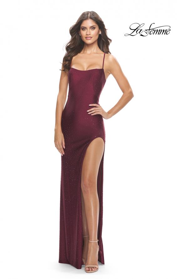 Picture of: Rhinestone Jersey Dress with Strappy Back and High Slit in Dark Berry, Style: 31398, Detail Picture 2