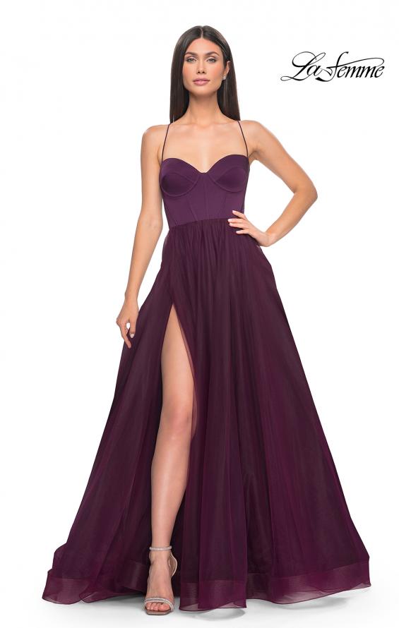 Picture of: Tulle A-Line Gown with Satin Bustier Top in Dark Berry, Style: 32065, Detail Picture 2