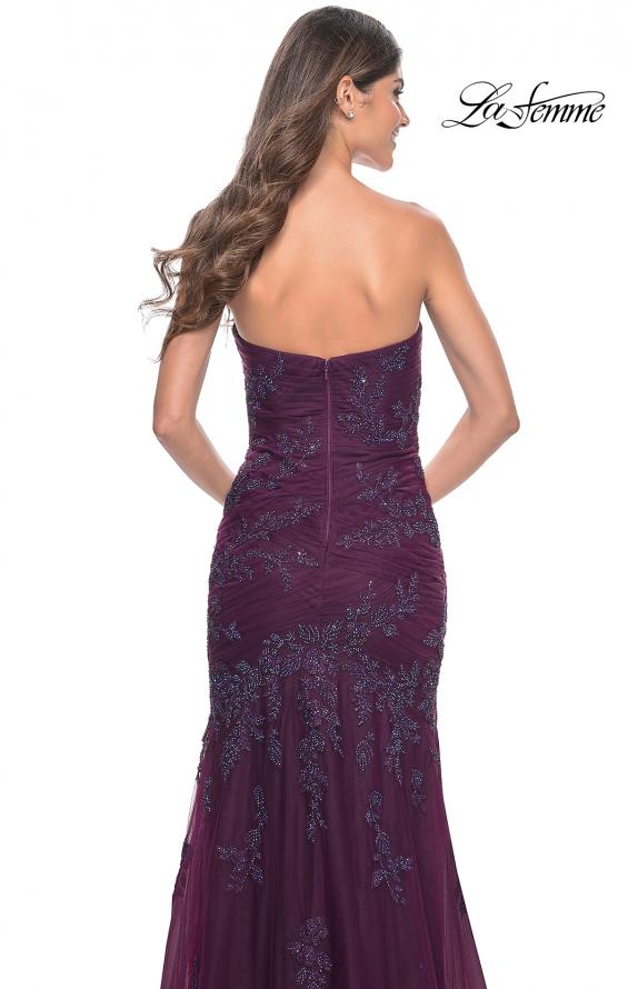 Picture of: Strapless Mermaid Ruched Gown with Rhinestone Lace Applique in Dark Berry, Style: 32121, Detail Picture 2