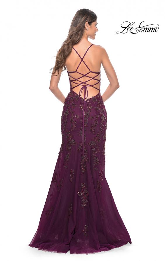 Picture of: Long Tulle Gown with Stunning Beaded Lace Applique Details in Dark Berry, Style: 32307, Detail Picture 2