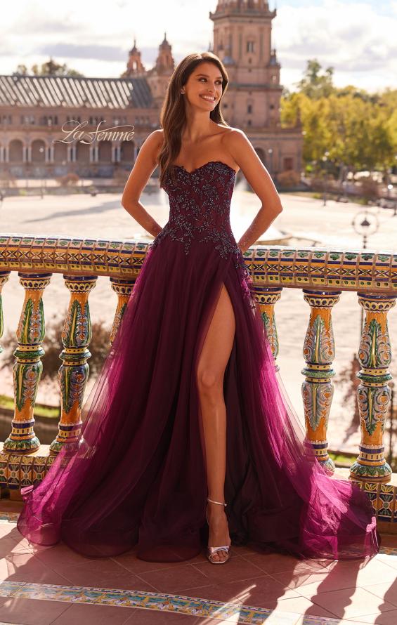 Picture of: Illusion Embroidered Lace Tulle Gown with Slit in Dark Berry, Style: 33551, Detail Picture 2