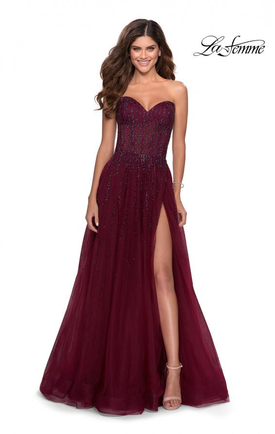 Picture of: Strapless Beaded Prom Gown with Slit and Pockets in Burgundy, Style 28603, Detail Picture 3