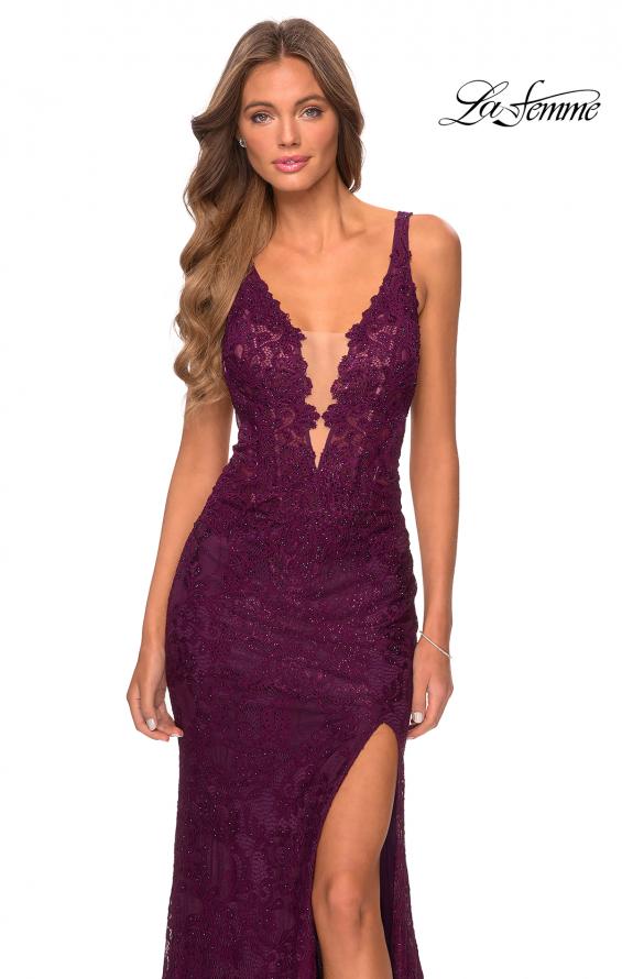 Picture of: Long Lace Prom Dress with Plunging Neckline in Burgundy, Style: 28648, Detail Picture 3