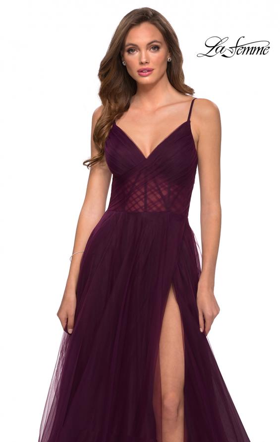 Picture of: A Line Tulle Prom Dress with Sheer Bodice in Dark Berry, Style 29076, Detail Picture 3