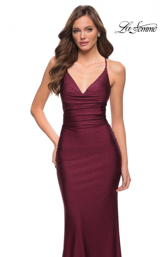 Picture of: Long Jersey Gown with Rhinestones Throughout in Dark Berry, Style 29935, Detail Picture 3