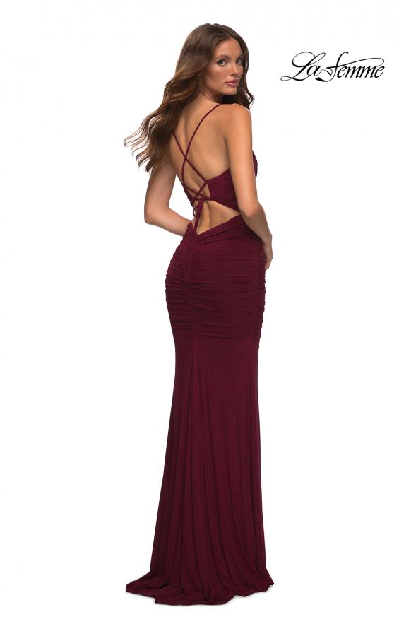Picture of: Long Jersey Dress with Sheer Corset Bodice in Dark Berry, Detail Picture 3