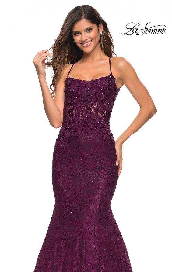 Picture of: Mermaid Lace Gown with Sheer Bodice and Open Back in Dark Berry, Detail Picture 3