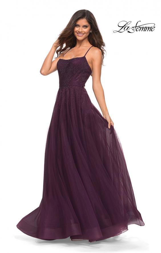 Picture of: Rhinestone and Tulle Gown with A-line Skirt in Dark Berry, Detail Picture 3