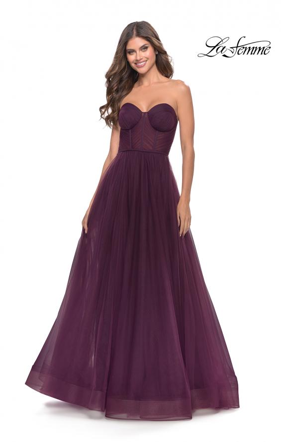 Picture of: Illusion Bodice A-line Gown with Boning and Defined Cups in Dark Berry, Style: 31205, Detail Picture 3