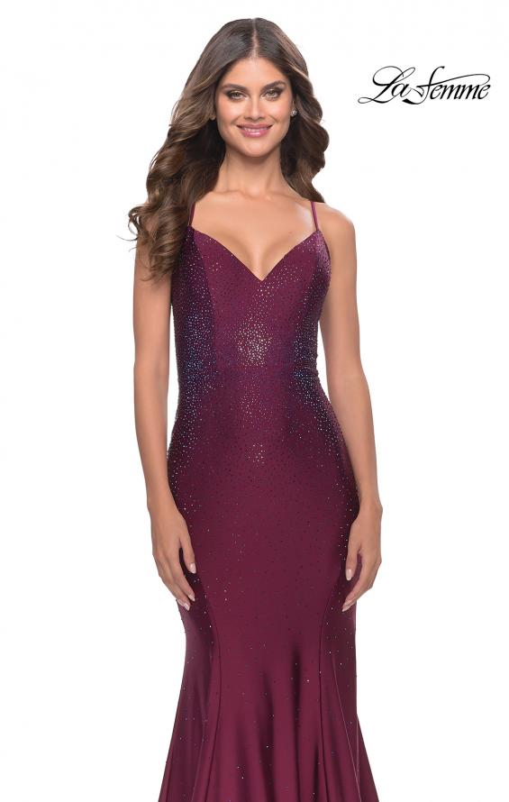 Picture of: Rhinestone Jersey Mermaid Gown with Open Back in Dark Berry, Style: 31220, Detail Picture 3