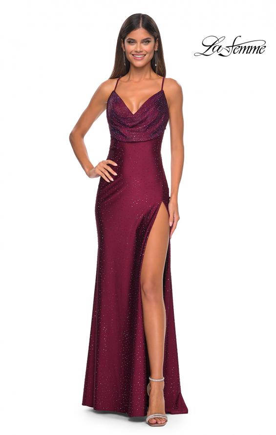 Picture of: Drape Neckline Jeweled Jersey Prom Dress with High Slit in Dark Berry, Style: 31221, Detail Picture 3
