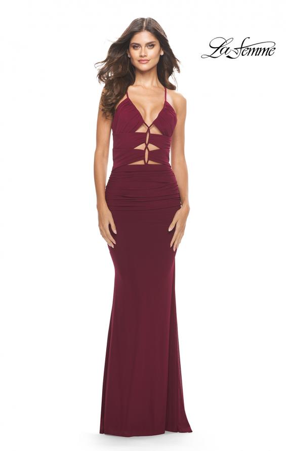 Picture of: Unique Cut Out Net Jersey Prom Dress in Dark Berry, Style: 31334, Detail Picture 3