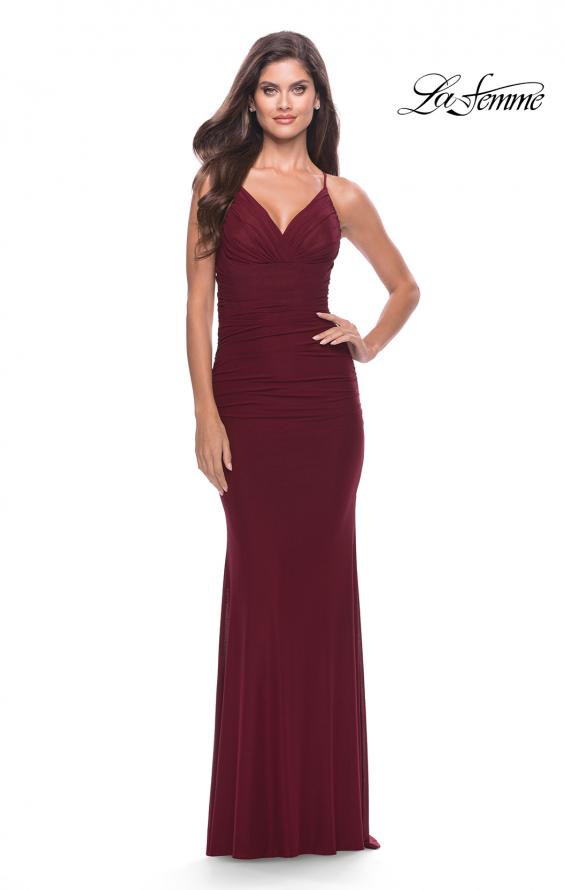Picture of: Long Net Jersey Dress with Illusion Waist in Dark Berry, Style: 31585, Detail Picture 3