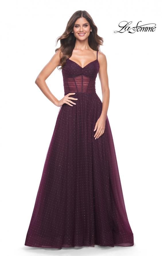 Picture of: A-Line Rhinestone Tulle Embellished Gown with Illusion Top in Dark Berry, Style: 31970, Detail Picture 3
