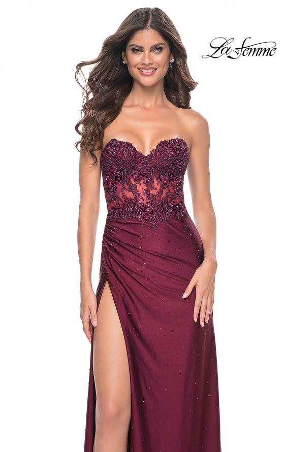Picture of: Ruched Jersey Skirt with Lace Illusion Top and Rhinestone Prom Dress in Dark Berry, Style: 32011, Detail Picture 3