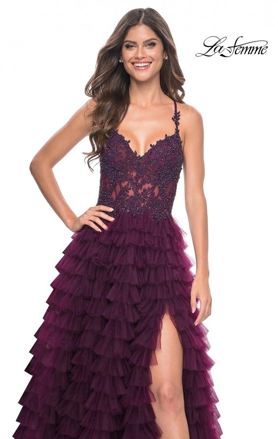 Picture of: Ruffle Tulle Prom Gown with Illusion Lace Bodice and High Slit in Dark Berry, Style: 32128, Detail Picture 3