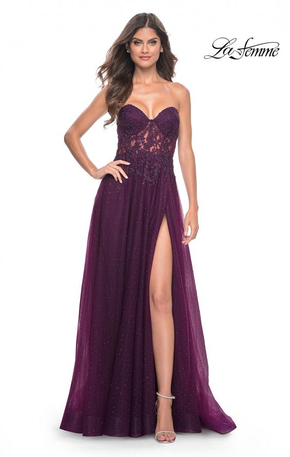 Picture of: Rhinestone Tulle A-Line Gown with Lace Bodice in Jewel Tones in Dark Berry, Style: 32253, Detail Picture 3