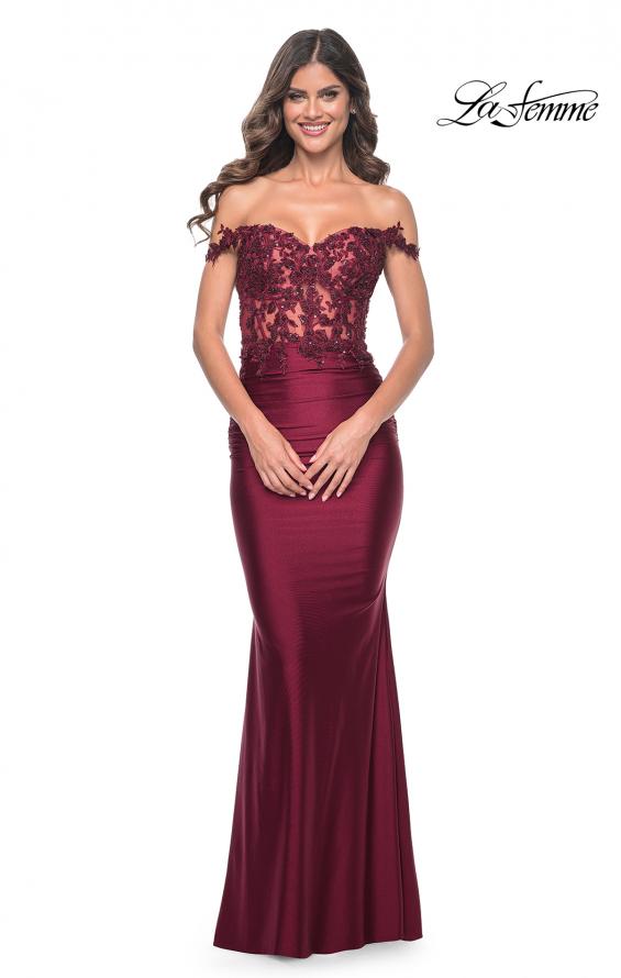Picture of: Sheer Lace Bodice with Off the Shoulder Straps and Jersey Skirt Gown in Dark Berry, Style: 32302, Detail Picture 3