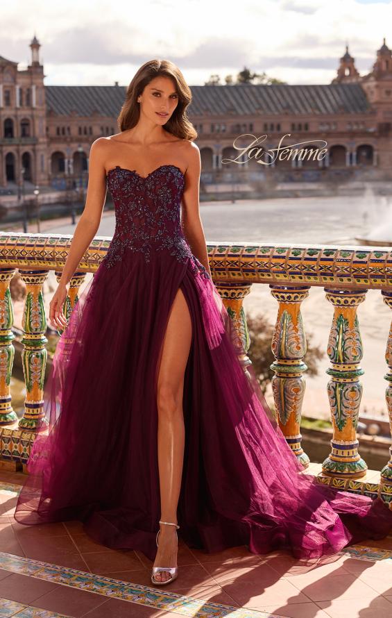 Picture of: Illusion Embroidered Lace Tulle Gown with Slit in Dark Berry, Style: 33551, Detail Picture 3