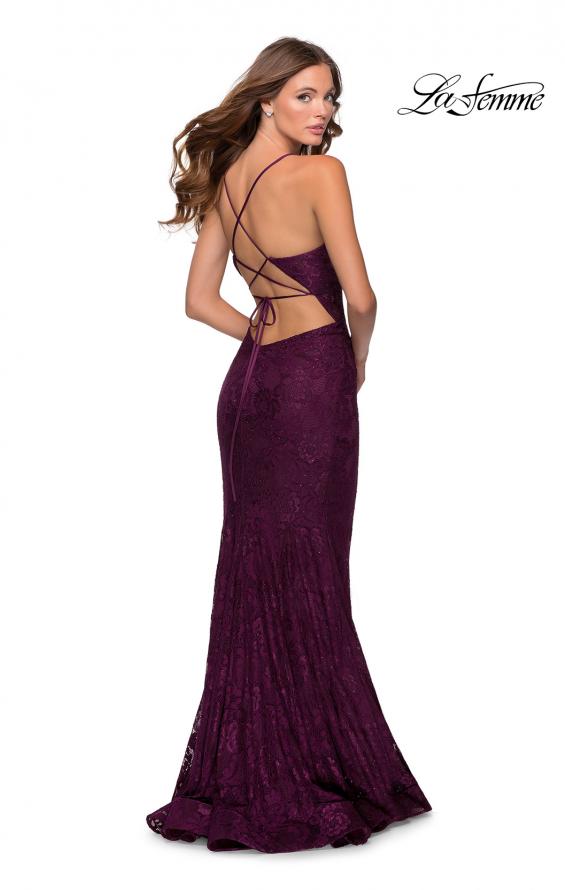 Picture of: Lace Prom Gown With Sheer Bodice and Tie Up Back in Burgundy, Style: 28534, Detail Picture 4