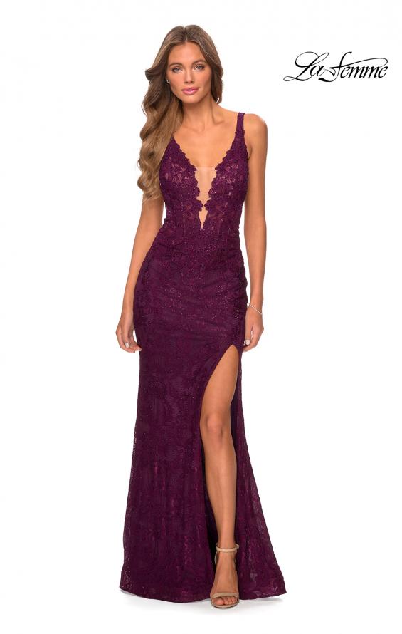 Picture of: Long Lace Prom Dress with Plunging Neckline in Burgundy, Style: 28648, Detail Picture 4