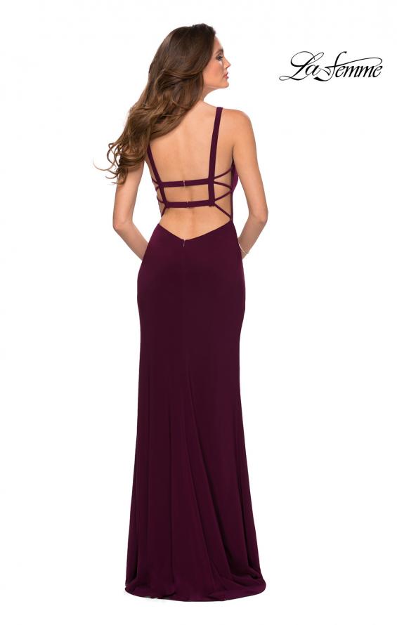 Picture of: V Neck Long Jersey Prom Dress with Open Strappy Back in Dark Berry, Style 29503, Detail Picture 4