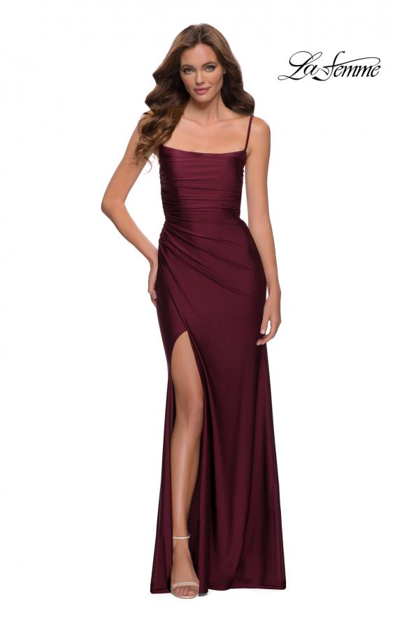 Picture of: Jersey Dress with Square Neckline and Ruching in Dark Berry, Style 29710, Detail Picture 4