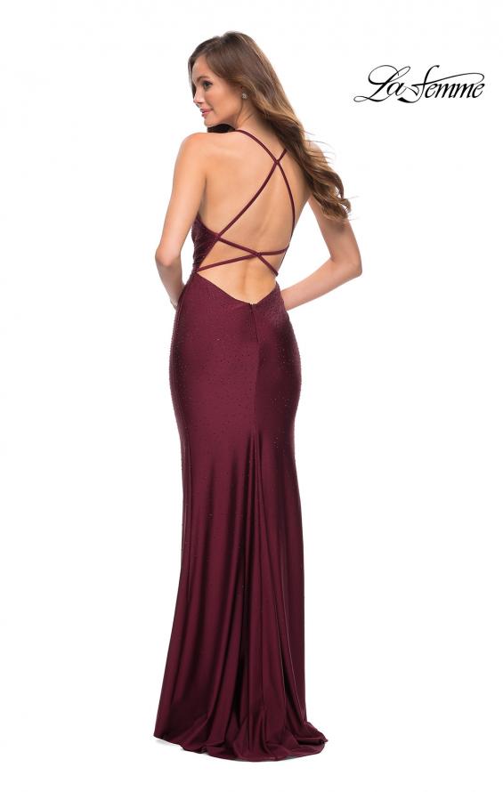 Picture of: Long Jersey Gown with Rhinestones Throughout in Dark Berry, Style 29935, Detail Picture 4
