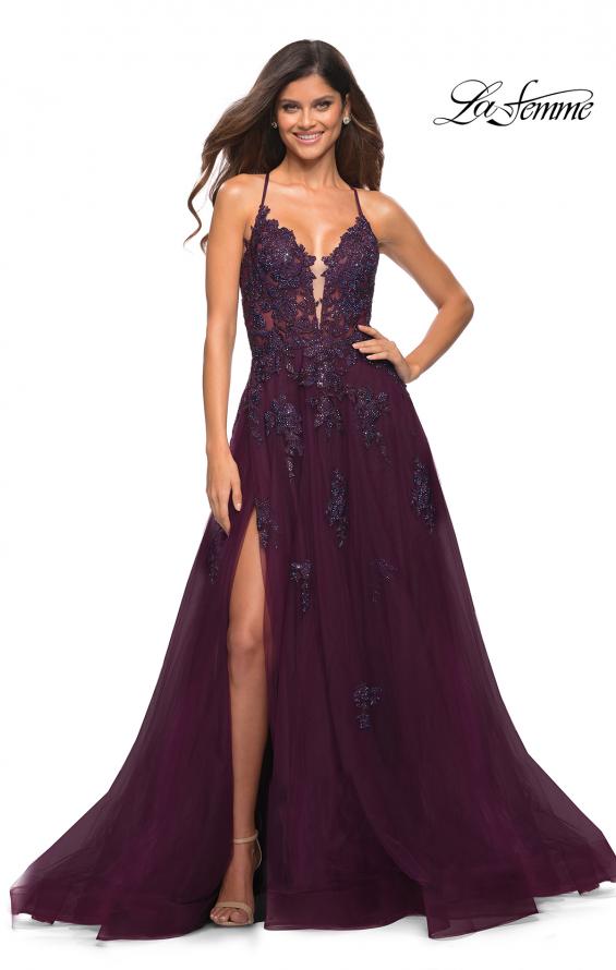 Picture of: Tulle A-line Dress with Jeweled Lace Appliques in Dark Berry, Detail Picture 4