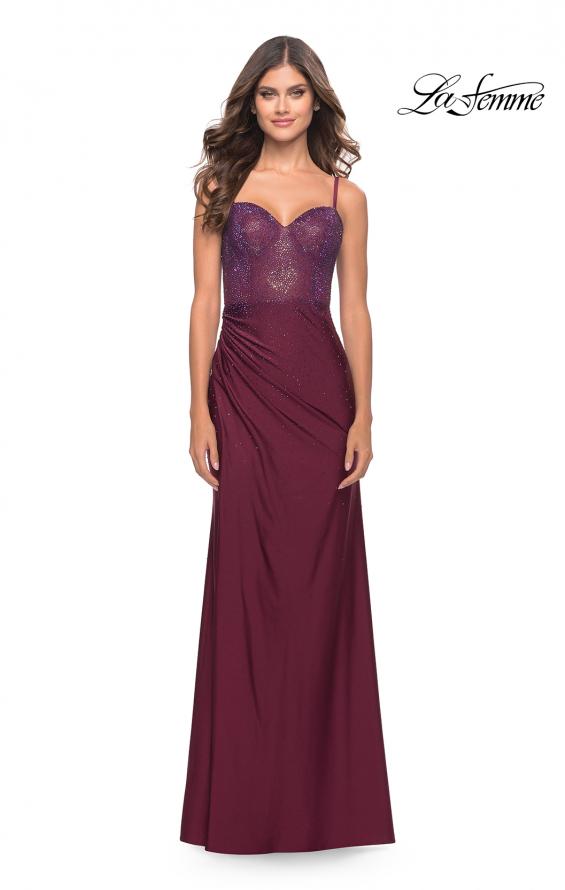 Picture of: Jersey Long Dress with Sheer Rhinestone Embellished Bodice in Dark Berry, Style: 31244, Detail Picture 4