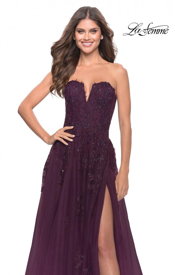Picture of: Strapless Deep V A-Line Tulle and Lace Gown in Dark Berry, Style: 31345, Detail Picture 4