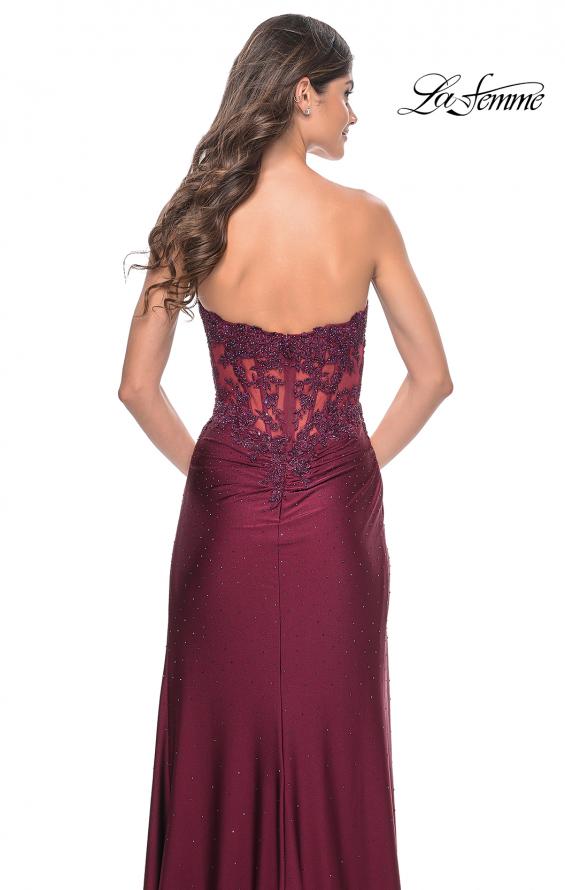 Picture of: Ruched Jersey Skirt with Lace Illusion Top and Rhinestone Prom Dress in Dark Berry, Style: 32011, Detail Picture 4