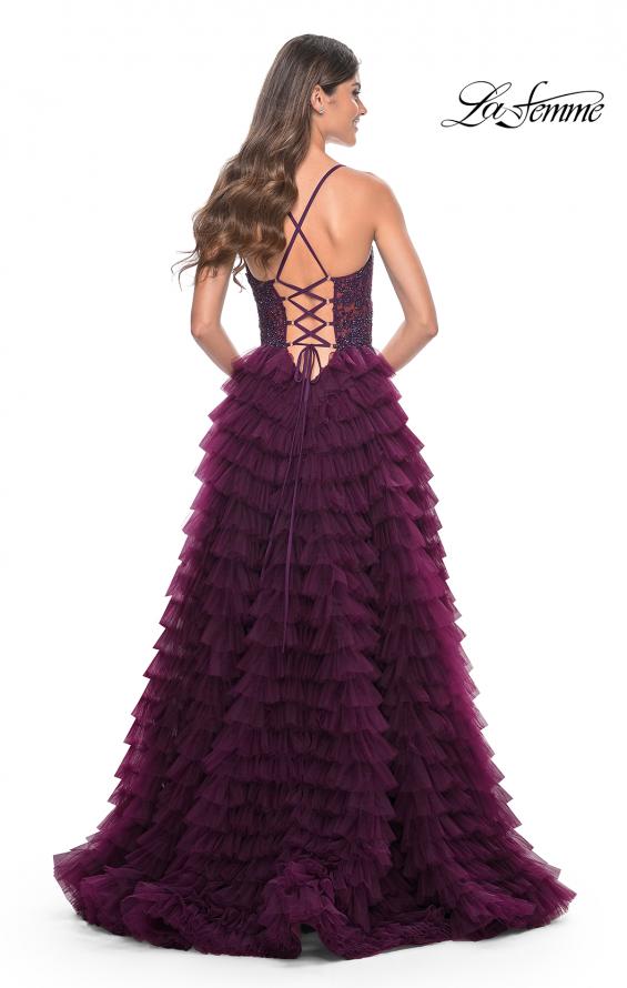 Picture of: Ruffle Tulle Prom Gown with Illusion Lace Bodice and High Slit in Dark Berry, Style: 32128, Detail Picture 4