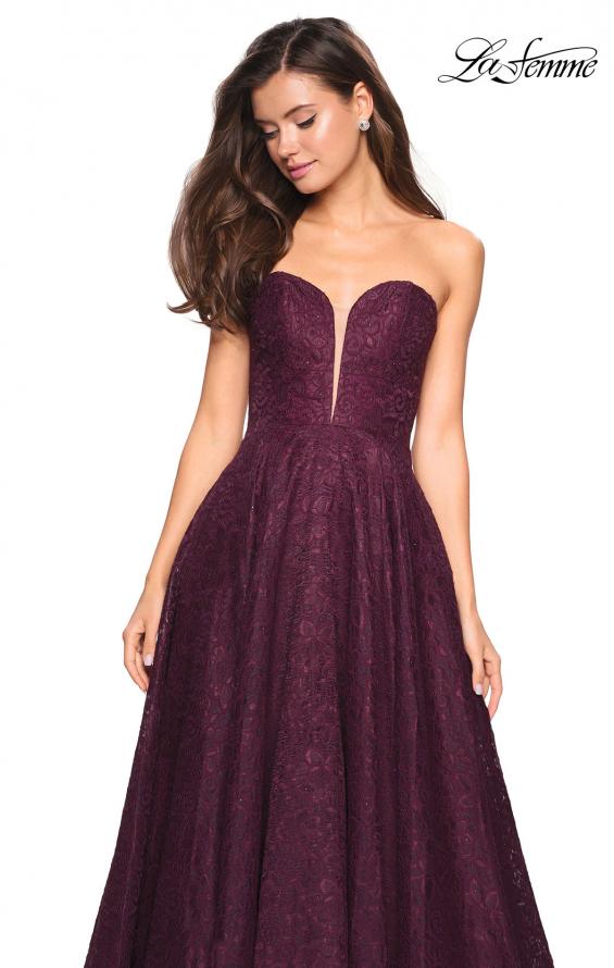 Picture of: A Line Lace Strapless Ball Gown in Burgundy, Style: 27284, Detail Picture 5