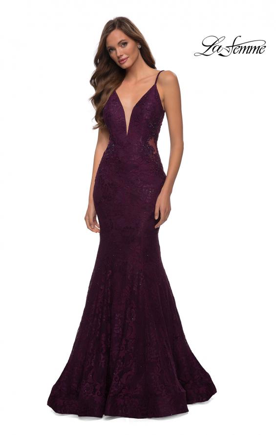 Picture of: Long Mermaid Lace Dress with Back Rhinestone Detail in Dark Berry, Style: 28355, Detail Picture 5