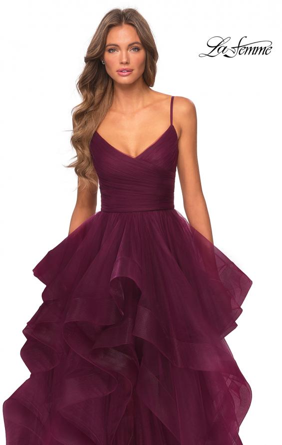 Picture of: Layered Tulle Prom Dress with V Shaped Neckline in Burgundy, Style: 28502, Detail Picture 5