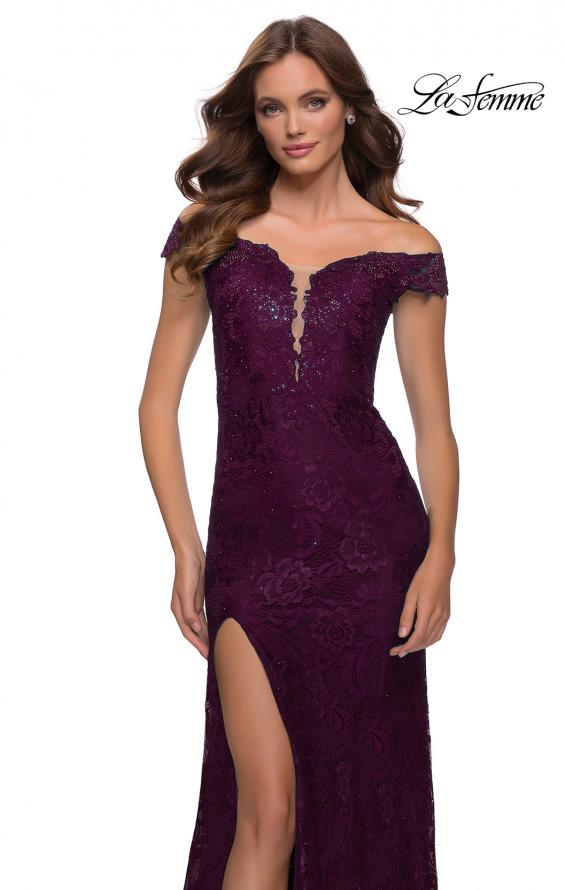 Picture of: Lace Off the Shoulder Gown with Deep V Neckline in Dark Berry, Style 29693, Detail Picture 5