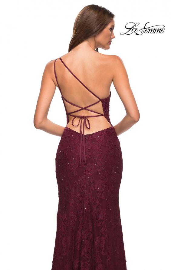 Picture of: One Shoulder Long Lace Prom Dress with Open Back in Dark Berry, Detail Picture 5