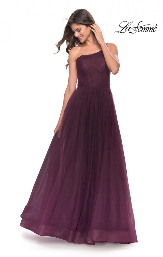 Picture of: One Shoulder A-Line Tulle Gown with Sheer Bodice in Dark Berry, Style: 31069, Detail Picture 5