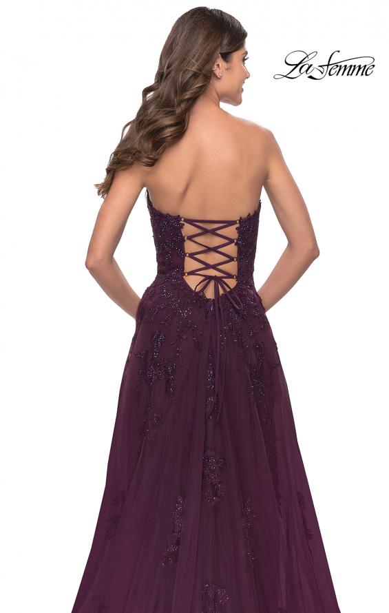 Picture of: Strapless Deep V A-Line Tulle and Lace Gown in Dark Berry, Style: 31345, Detail Picture 5
