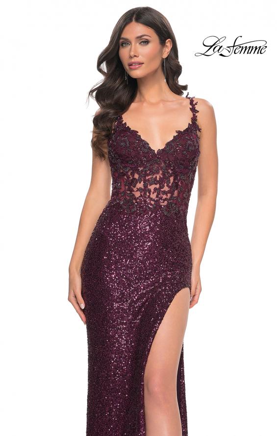 Picture of: Sequin Prom Dress with Lace Detail Illusion Bodice in Purple, Style: 31657, Detail Picture 5