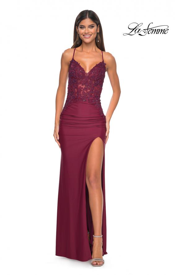 Picture of: Jersey Prom Dress with Illusion Sides and V Neckline in Dark Berry, Style: 32139, Detail Picture 5