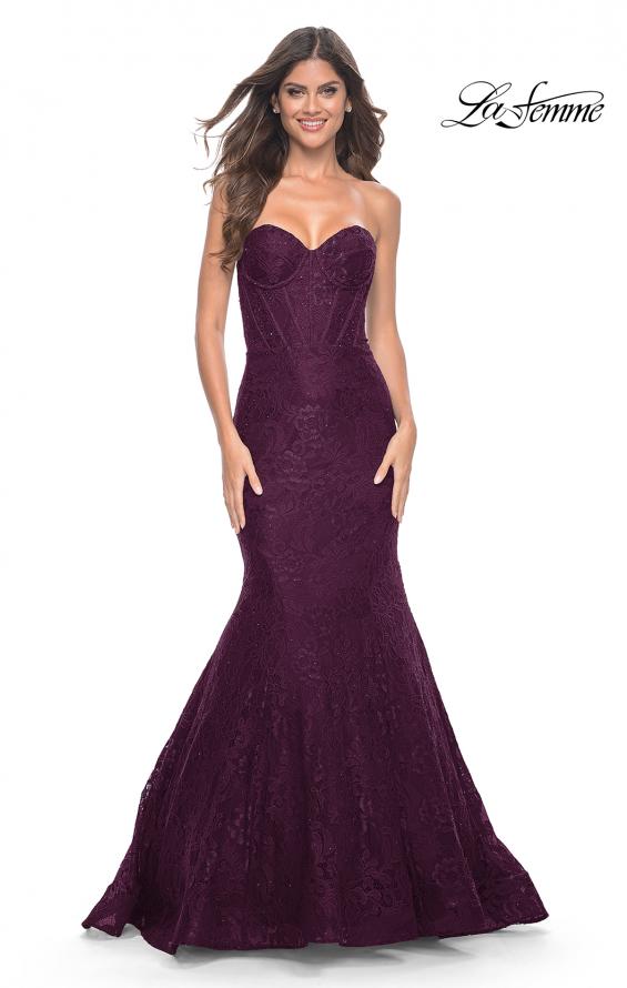 Picture of: Mermaid Stretch Lace Dress with Bustier Top and Sheer Back in Dark Berry, Style: 32249, Detail Picture 5