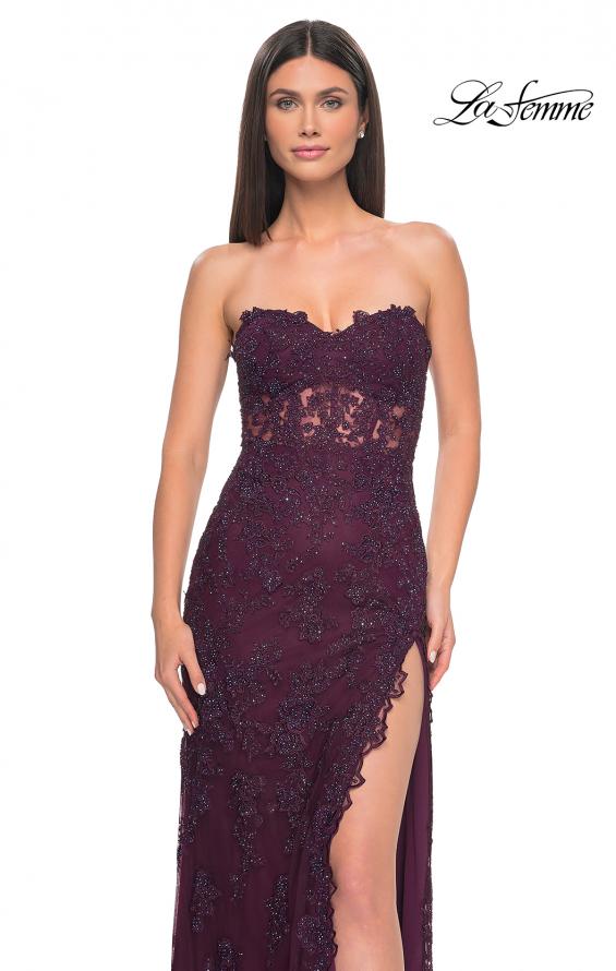 Picture of: Jewel Tone Embroidered Lace Fitted Prom Dress with Lace Edge Slit in Dark Berry, Style: 32437, Detail Picture 5